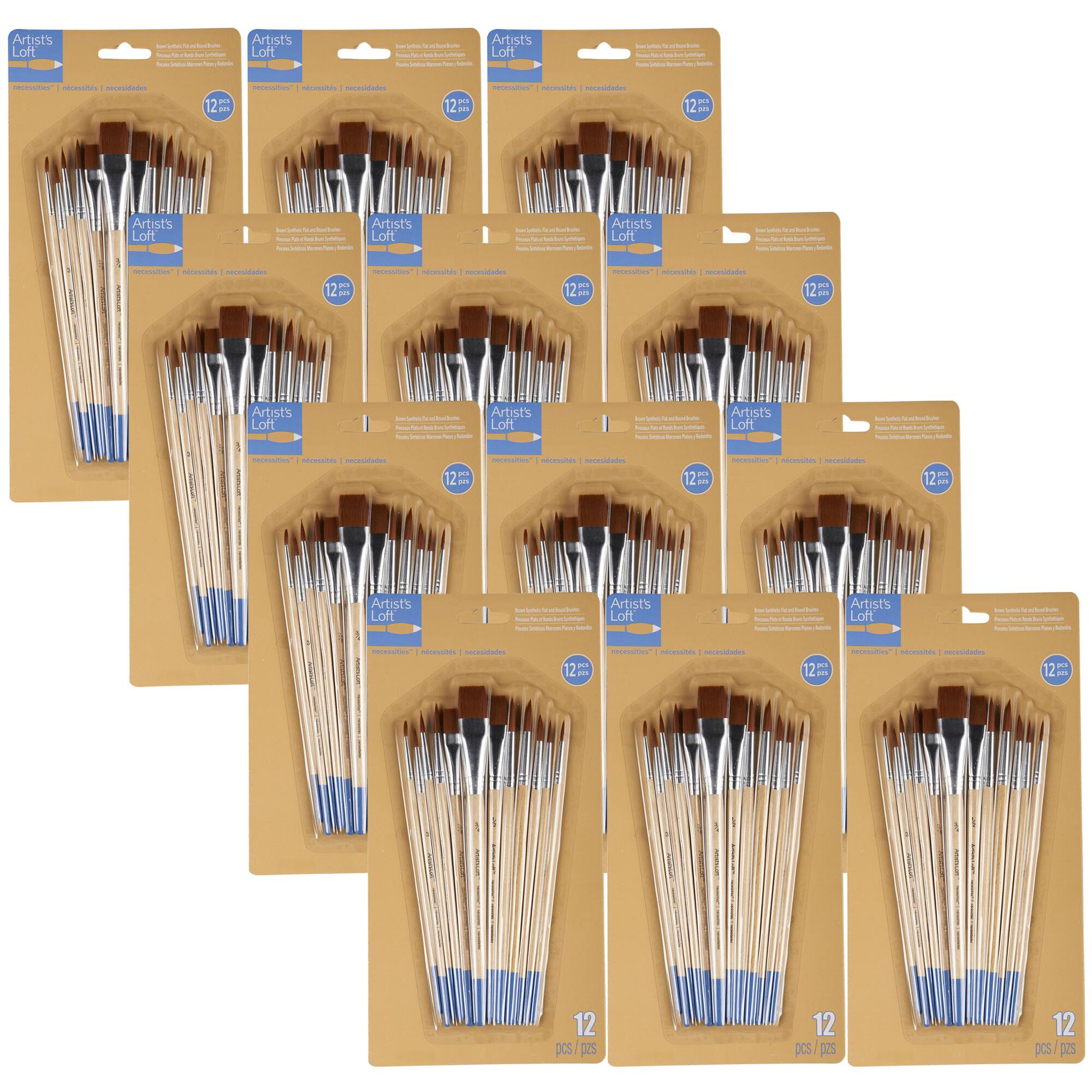 12 Packs: 12 ct. (144 total) Necessities™ Brown Synthetic Flat & Round Brushes by Artist's Loft®